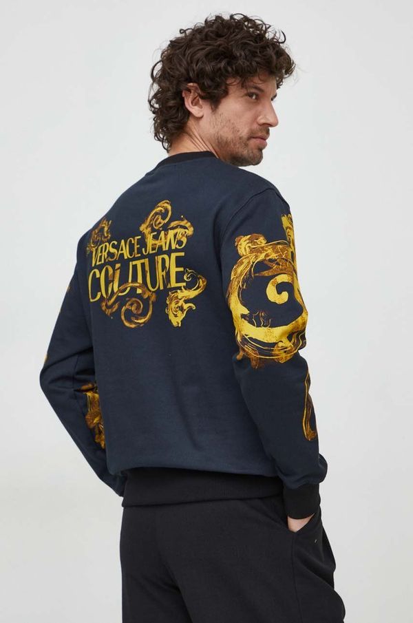 Versace Jeans Couture Pamučna dukserica Versace Jeans Couture za muškarce, boja: tamno plava, s uzorkom