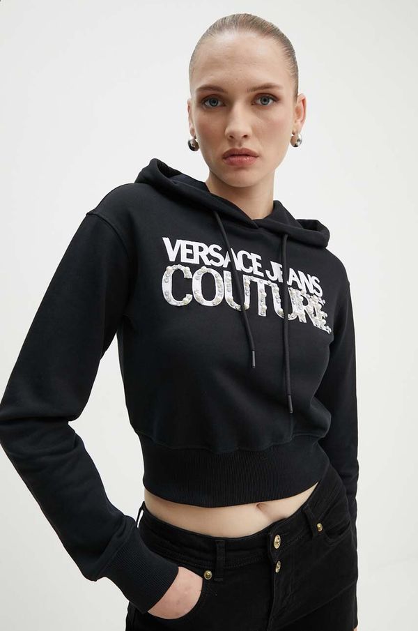 Versace Jeans Couture Pamučna dukserica Versace Jeans Couture za žene, boja: crna, s kapuljačom, s aplikacijom, 77HAIE07 CF00E