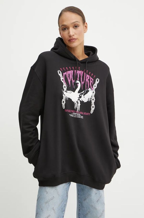 Versace Jeans Couture Pamučna dukserica Versace Jeans Couture za žene, boja: crna, s kapuljačom, s aplikacijom, 77HAIG01 CF01G