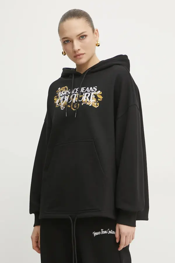 Versace Pamučna dukserica Versace Jeans Couture za žene, boja: crna, s kapuljačom, s aplikacijom, 78HAIC05 CF00C