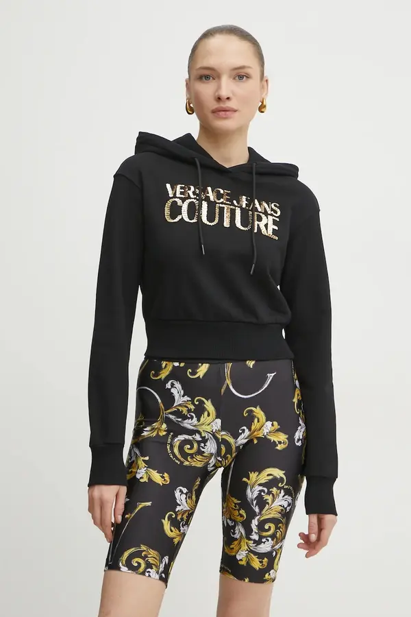 Versace Pamučna dukserica Versace Jeans Couture za žene, boja: crna, s kapuljačom, s aplikacijom, 78HAIE00 CF00E