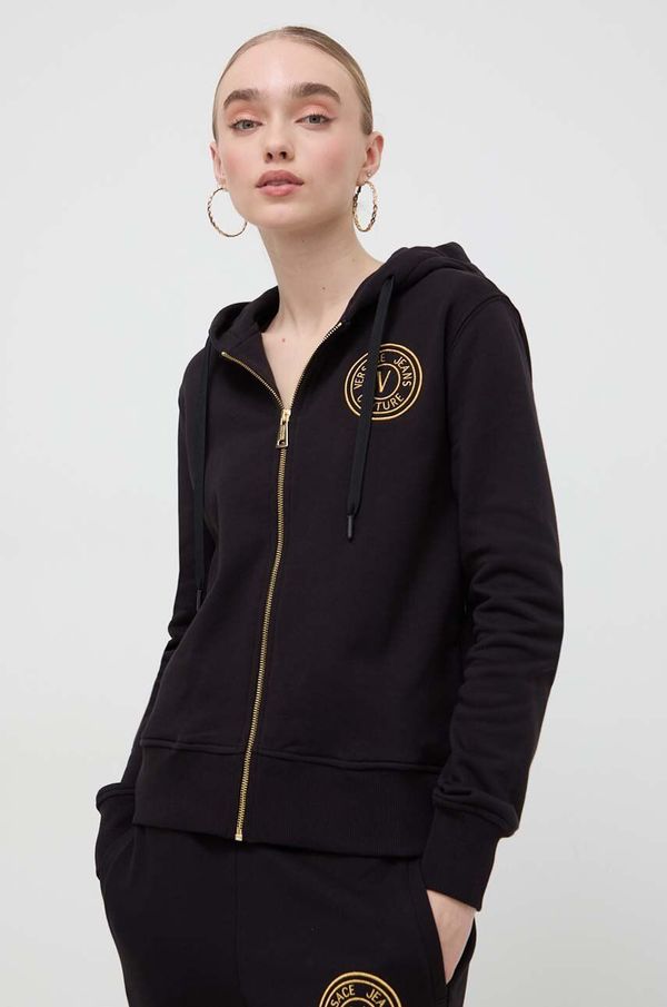 Versace Jeans Couture Pamučna dukserica Versace Jeans Couture za žene, boja: crna, s kapuljačom, s aplikacijom