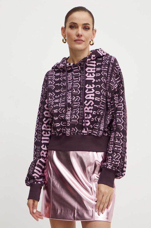 Versace Jeans Couture Pamučna dukserica Versace Jeans Couture za žene, boja: ljubičasta, s kapuljačom, s uzorkom, 77HAI314 FS172