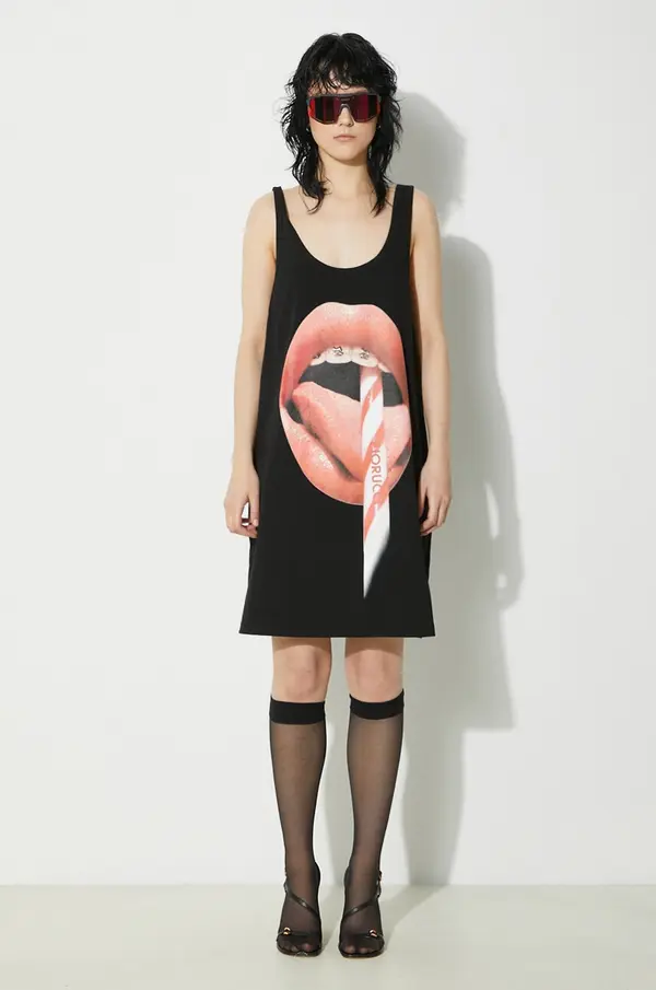 Fiorucci Pamučna haljina Fiorucci Mouth Print Tank Dress boja: crna, mini, oversize, W01FPDTA111CO01BK01
