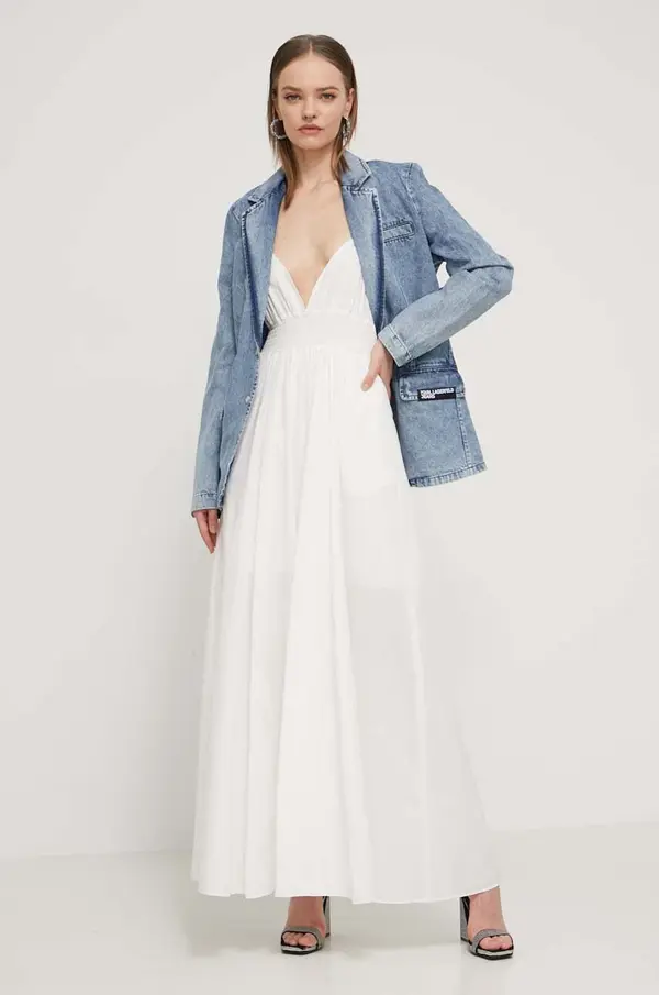 Hugo Pamučna haljina HUGO boja: bijela, maxi, širi se prema dolje