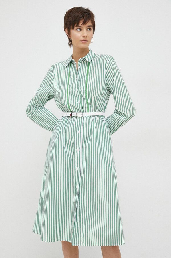 Tommy Hilfiger Pamučna haljina Tommy Hilfiger boja: zelena, midi, širi se prema dolje