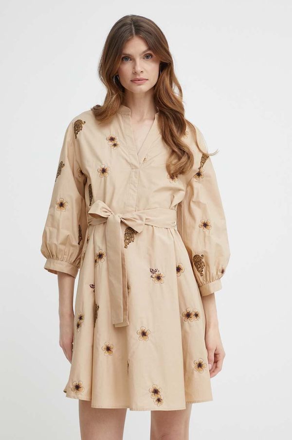Twinset Pamučna haljina Twinset boja: bež, mini, širi se prema dolje