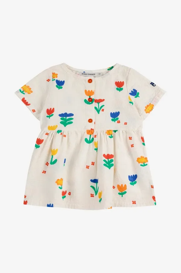 Bobo Choses Pamučna haljina za bebe Bobo Choses Garden Party boja: bijela, mini, širi se prema dolje, 125AB082