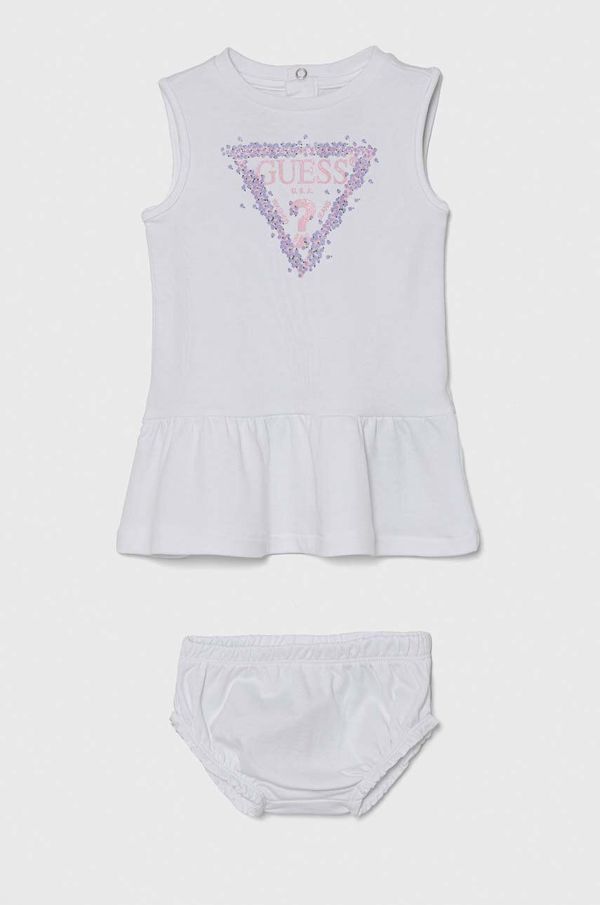 Guess Pamučna haljina za bebe Guess boja: bijela, mini, širi se prema dolje