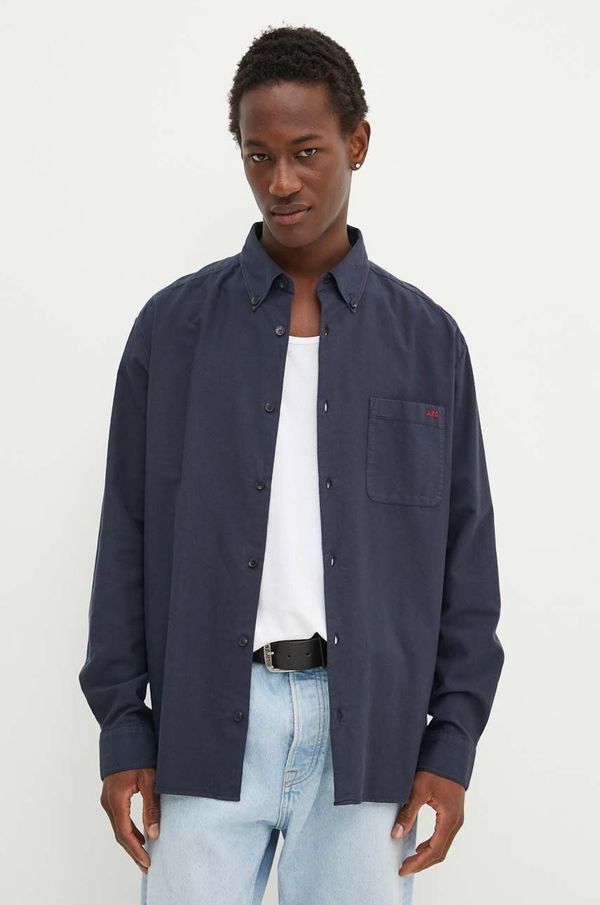 A.P.C. Pamučna košulja A.P.C. Chemise Mateo Logo za muškarce, boja: tamno plava, relaxed, s button-down ovratnikom, COHAH.H12599