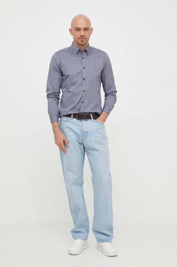 Boss Orange Pamučna košulja BOSS BOSS ORANGE za muškarce, boja: tamno plava, regular, s talijanskim ovratnikom