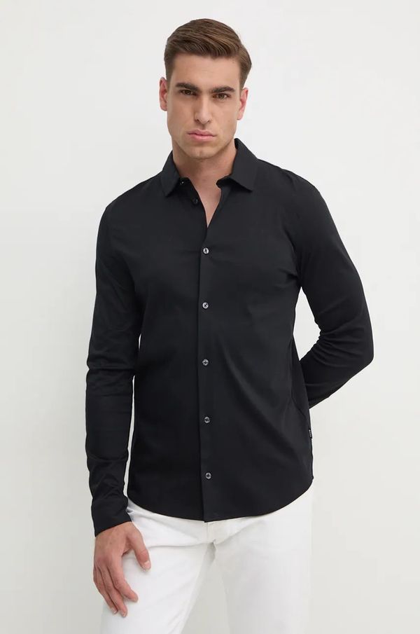 Boss Pamučna košulja BOSS za muškarce, boja: crna, slim, s talijanskim ovratnikom, 50523932