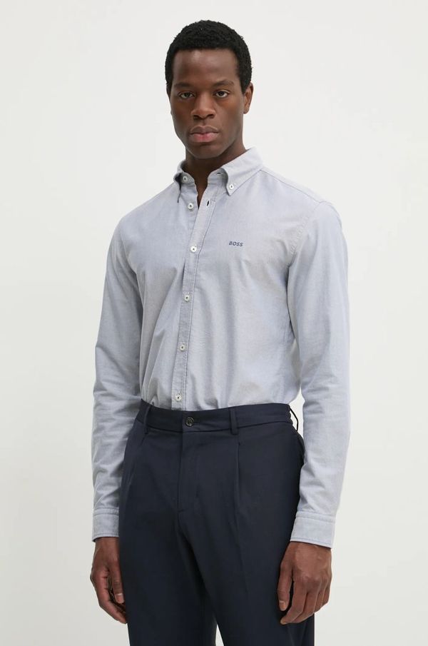 Boss Pamučna košulja BOSS za muškarce, boja: siva, slim, s button-down ovratnikom, 50520265