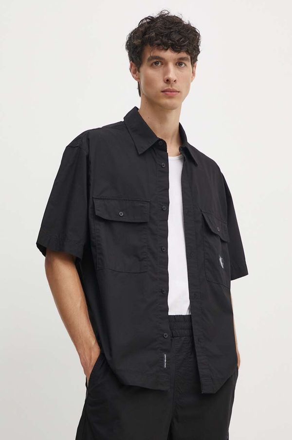 Calvin Klein Jeans Pamučna košulja Calvin Klein Jeans za muškarce, boja: crna, relaxed, s klasičnim ovratnikom, J30J325606
