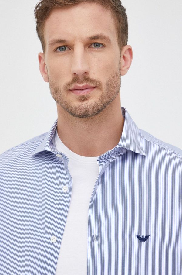 Emporio Armani Pamučna košulja Emporio Armani za muškarce, boja: tamno plava, regular, s talijanskim ovratnikom