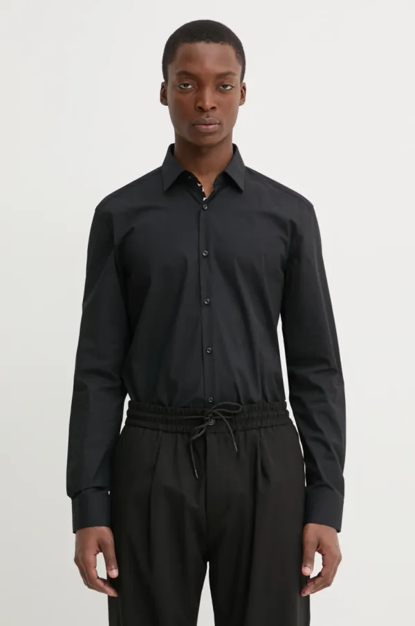 HUGO Pamučna košulja HUGO za muškarce, boja: crna, slim, s klasičnim ovratnikom, 50534044