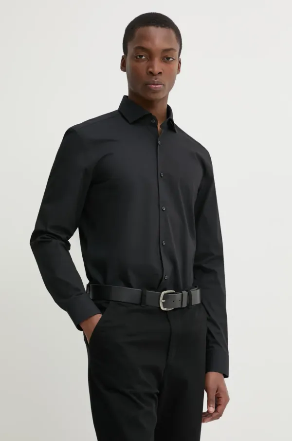 HUGO Pamučna košulja HUGO za muškarce, boja: crna, slim, s talijanskim ovratnikom, 50293691