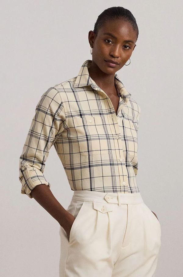 Lauren Ralph Lauren Pamučna košulja Lauren Ralph Lauren za žene, boja: bež, relaxed, s klasičnim ovratnikom, 200956831