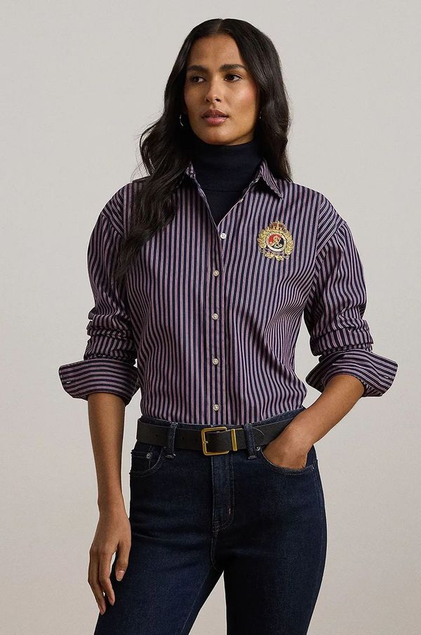 Lauren Ralph Lauren Pamučna košulja Lauren Ralph Lauren za žene, boja: tamno plava, relaxed, s klasičnim ovratnikom, 200962944