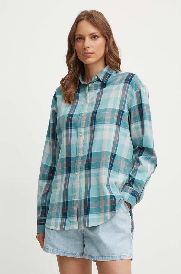 Lauren Ralph Lauren Pamučna košulja Lauren Ralph Lauren za žene, boja: tirkizna, relaxed, s klasičnim ovratnikom, 200947644