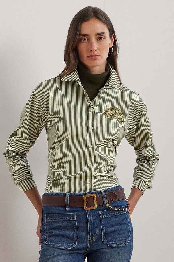 Lauren Ralph Lauren Pamučna košulja Lauren Ralph Lauren za žene, boja: zelena, relaxed, s klasičnim ovratnikom, 200961558