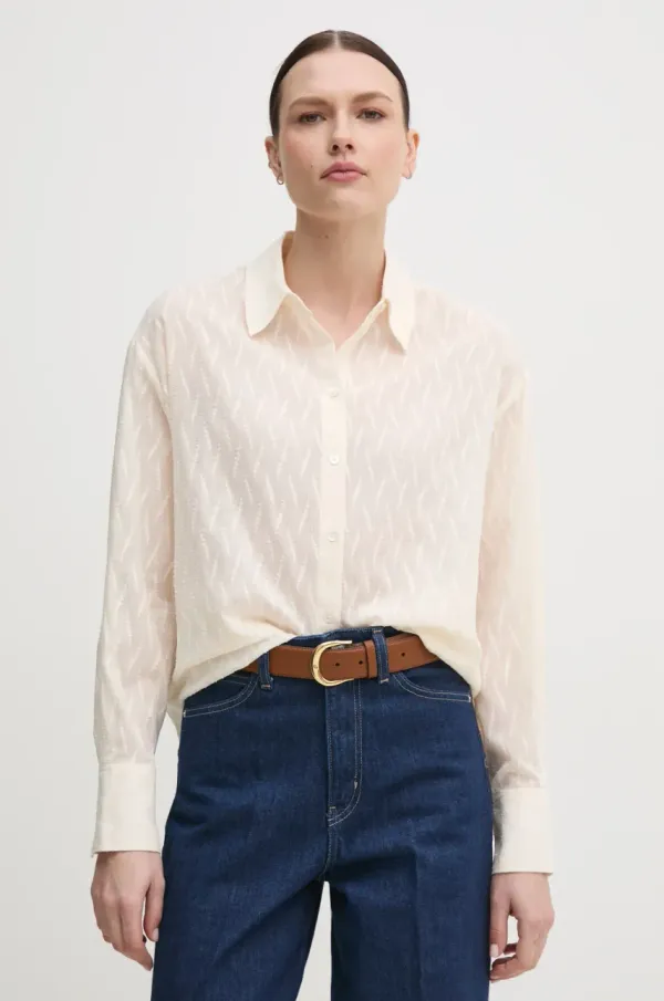 Mos Mosh Pamučna košulja Mos Mosh za žene, boja: bež, relaxed, s klasičnim ovratnikom, 168260