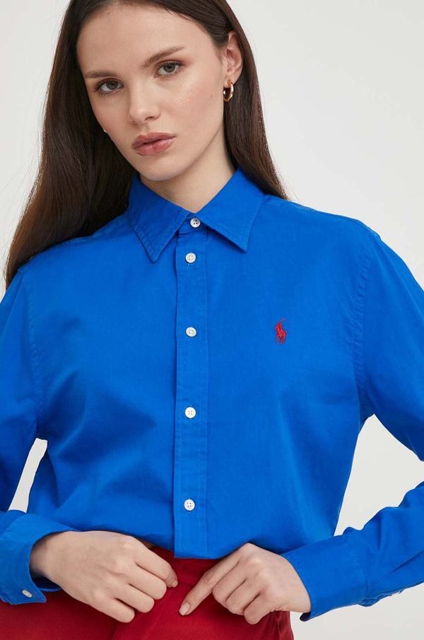 Polo Ralph Lauren Pamučna košulja Polo Ralph Lauren za žene, boja: tamno plava, regular, s klasičnim ovratnikom