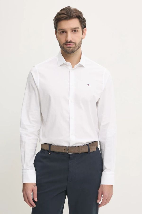 Tommy Hilfiger Pamučna košulja Tommy Hilfiger za muškarce, boja: bijela, slim, s talijanskim ovratnikom, MW0MW37597