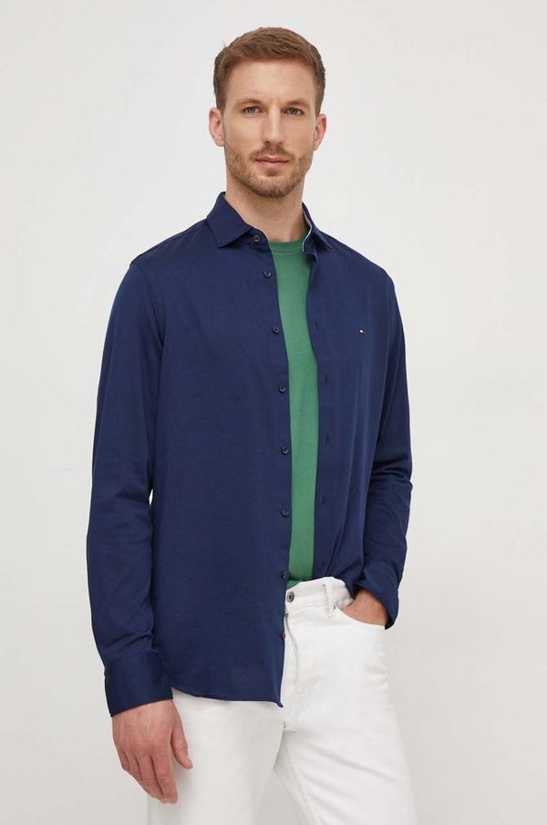 Tommy Hilfiger Pamučna košulja Tommy Hilfiger za muškarce, boja: tamno plava, slim, s talijanskim ovratnikom