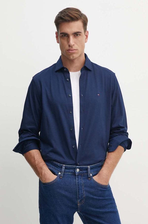 Tommy Hilfiger Pamučna košulja Tommy Hilfiger za muškarce, boja: tamno plava, slim, s talijanskim ovratnikom, MW0MW35805
