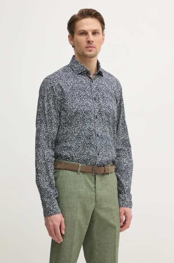Tommy Hilfiger Pamučna košulja Tommy Hilfiger za muškarce, boja: tamno plava, slim, s talijanskim ovratnikom, MW0MW38999