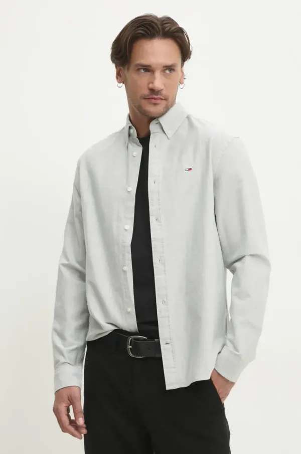 Tommy Jeans Pamučna košulja Tommy Jeans za muškarce, boja: siva, regular, s button-down ovratnikom, DM0DM21298