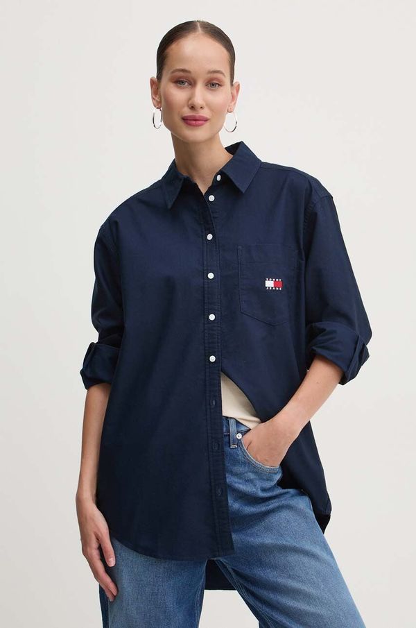 Tommy Jeans Pamučna košulja Tommy Jeans za žene, boja: tamno plava, relaxed, s klasičnim ovratnikom