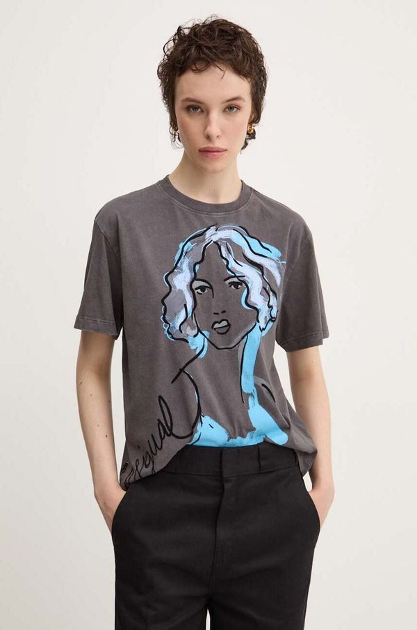 Desigual Pamučna majica Desigual FACED za žene, boja: siva, 24WWTK65