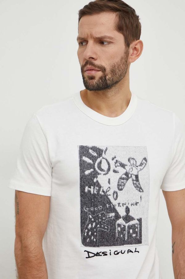 Desigual Pamučna majica Desigual za muškarce, boja: bež, s aplikacijom