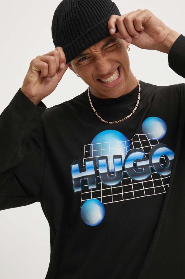 Hugo Blue Pamučna majica dugih rukava Hugo Blue boja: crna, s tiskom, 50519060