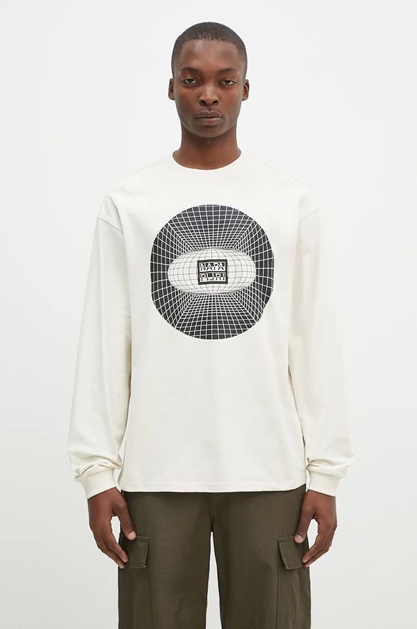 Napapijri Pamučna majica dugih rukava Napapijri S-Jaman Ls boja: bež, s tiskom, NP0A4I9EN1J1