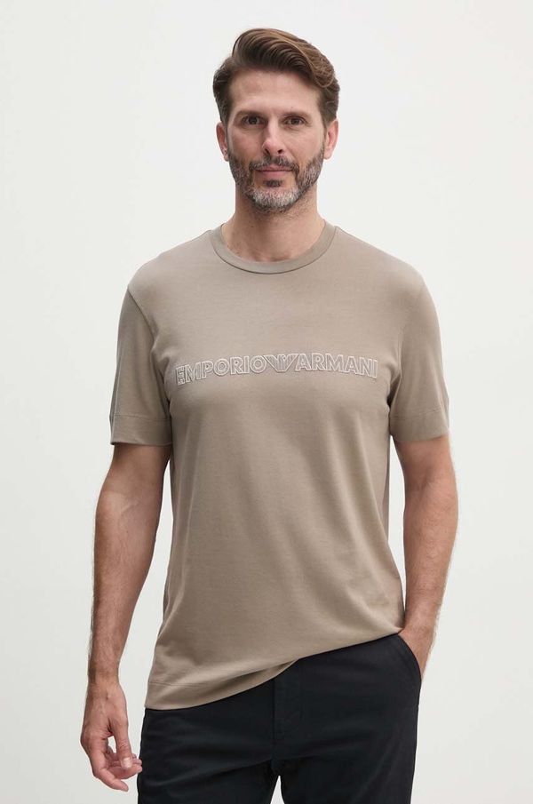 Emporio Armani Pamučna majica Emporio Armani za muškarce, boja: smeđa, s aplikacijom, 6D1T98 1JOCZ