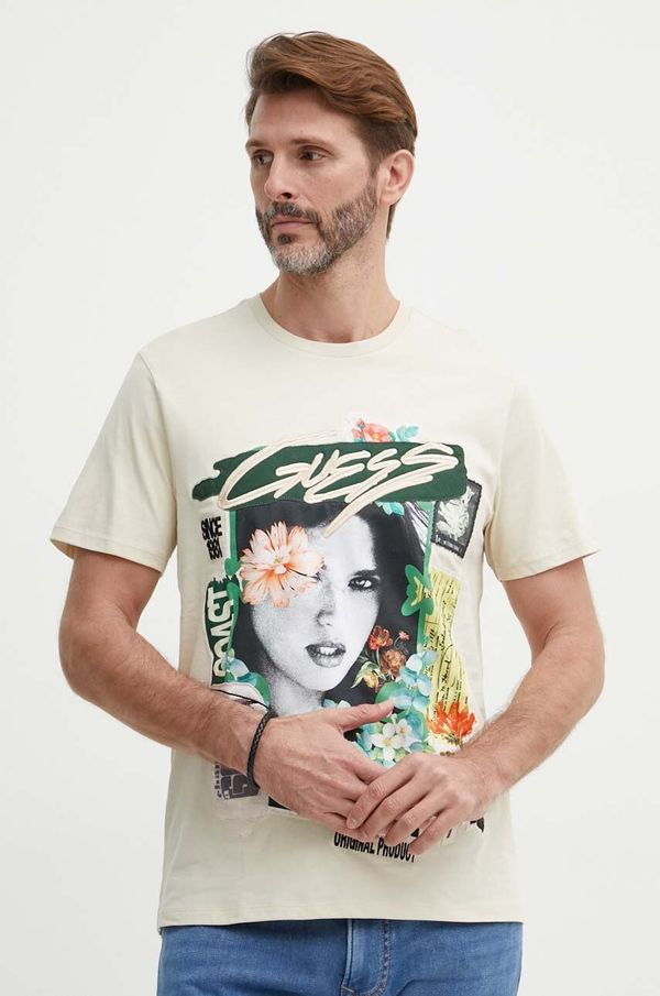 Guess Pamučna majica Guess za muškarce, boja: bež, s aplikacijom, M4GI49 KBW41