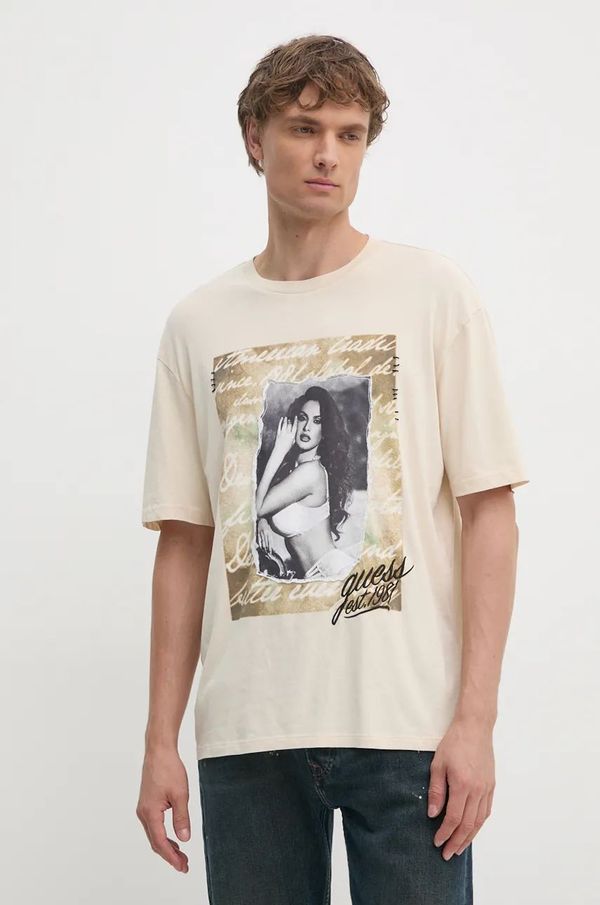 Guess Pamučna majica Guess za muškarce, boja: bež, s tiskom, M4BI21.K9RM1