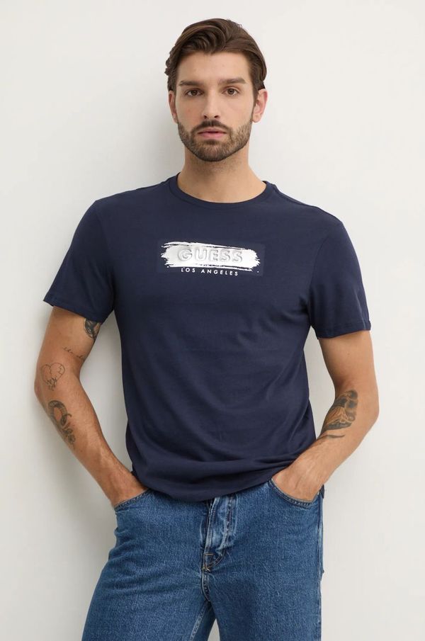 Guess Pamučna majica Guess za muškarce, boja: tamno plava, s tiskom, M4BI61.K9RM1