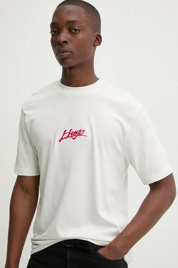 Hugo Pamučna majica HUGO za muškarce, boja: bež, s aplikacijom, 50527926