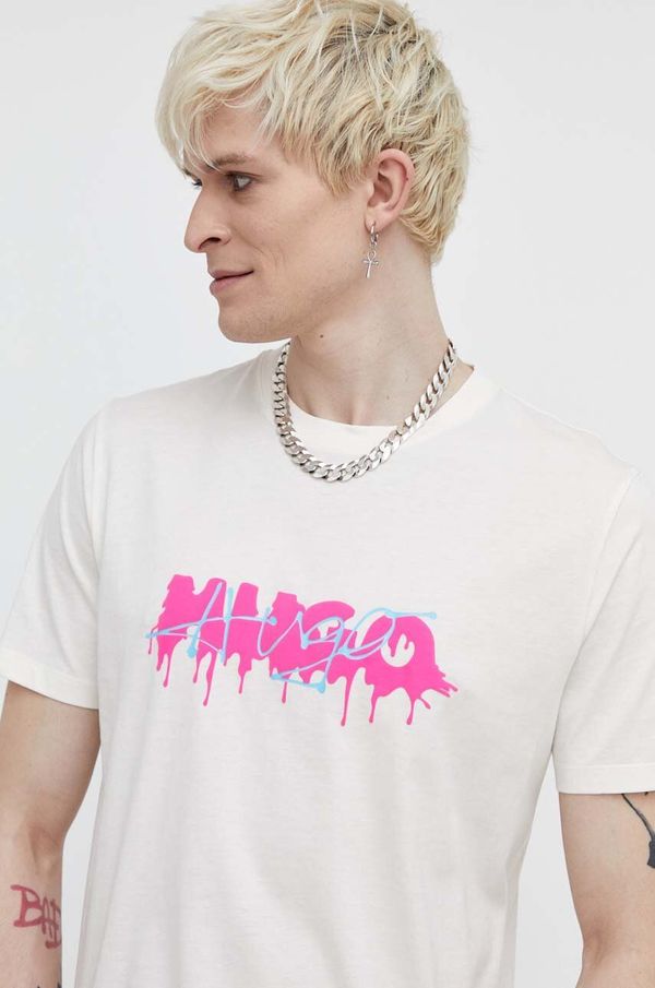 Hugo Pamučna majica HUGO za muškarce, boja: bež, s tiskom, 50515282