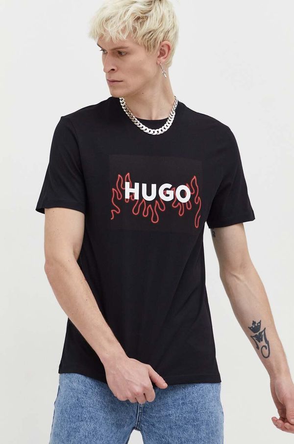 Hugo Pamučna majica HUGO za muškarce, boja: crna, s tiskom, 50506989