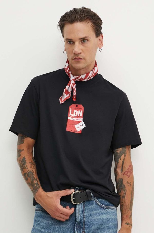 Hugo Pamučna majica HUGO za muškarce, boja: crna, s tiskom, 50516738