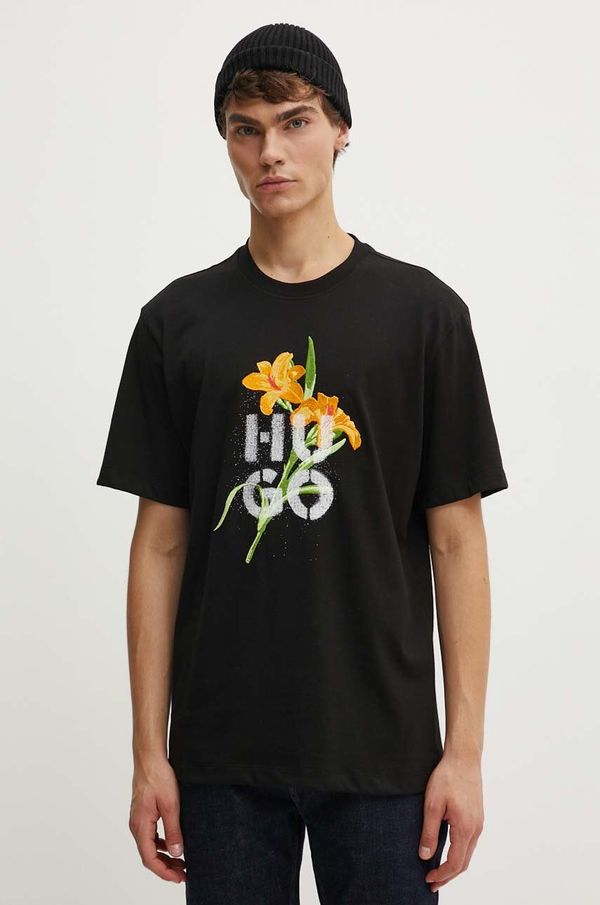 Hugo Pamučna majica HUGO za muškarce, boja: crna, s tiskom, 50517841