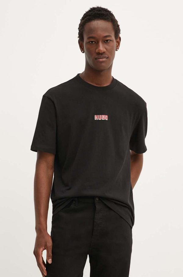 Hugo Pamučna majica HUGO za muškarce, boja: crna, s tiskom, 50519714