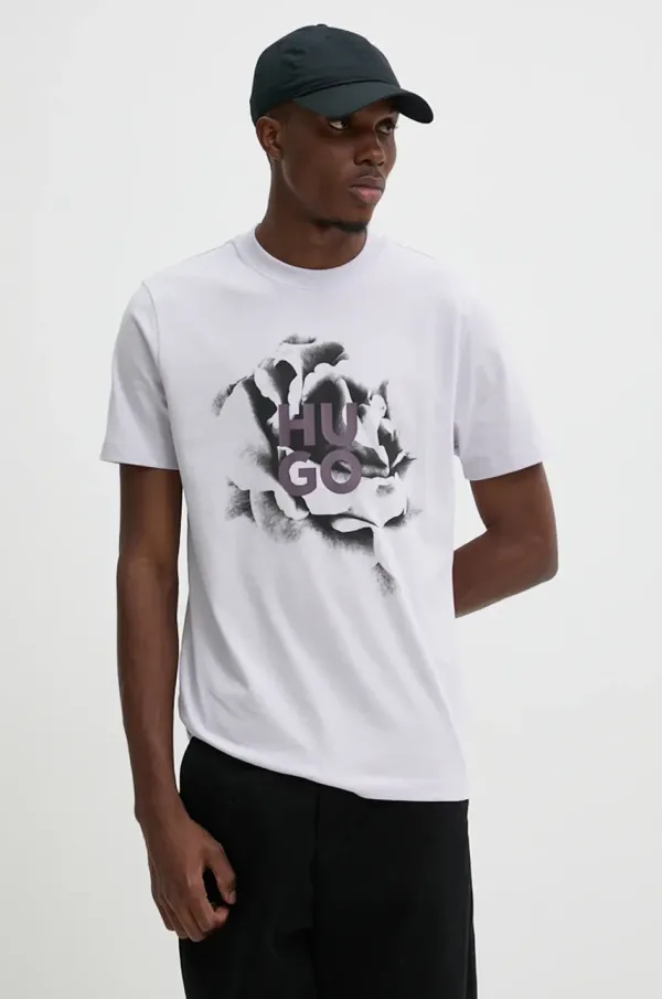 HUGO Pamučna majica HUGO za muškarce, boja: ljubičasta, s tiskom, 50521259