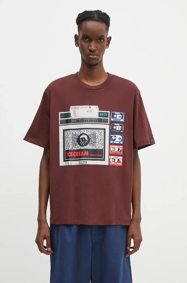 Icecream Pamučna majica ICECREAM ICTV za muškarce, boja: smeđa, s tiskom, IC24348