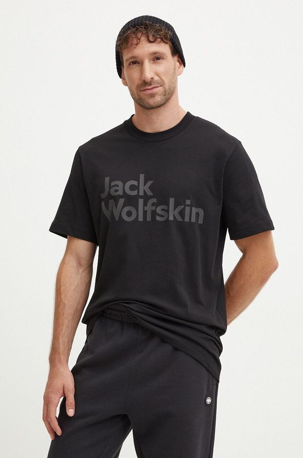 Jack Wolfskin Pamučna majica Jack Wolfskin Brand za muškarce, boja: crna, s tiskom, 1809591